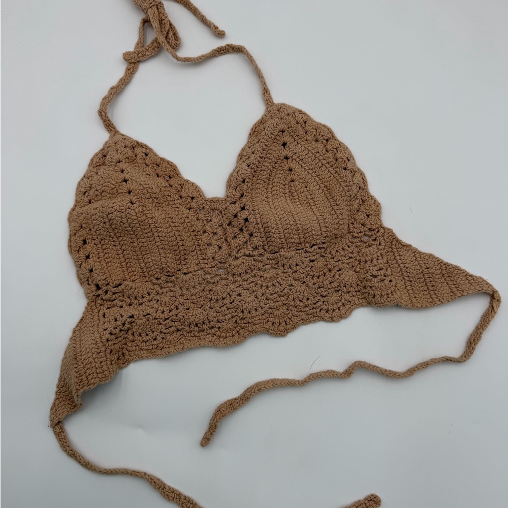 Handmade Crochet Halter Bralette - Caramel Brown
